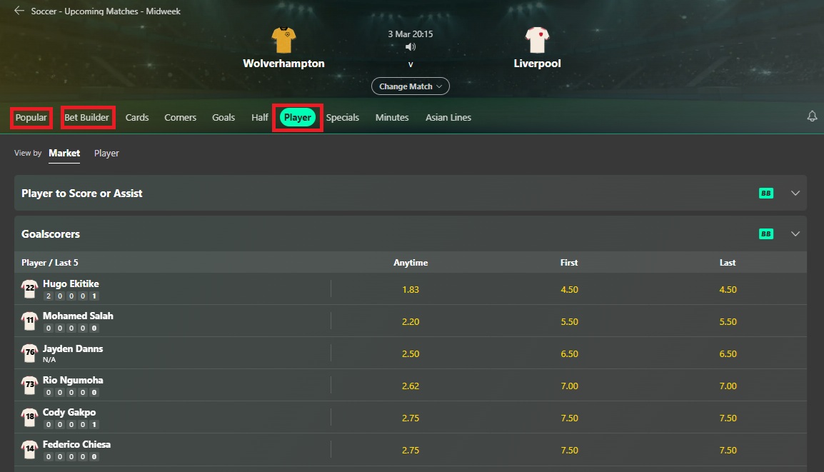 Bet365 wolves v liverpool betting page with player to score market showing & popular, bet builder & player tabs highlighted